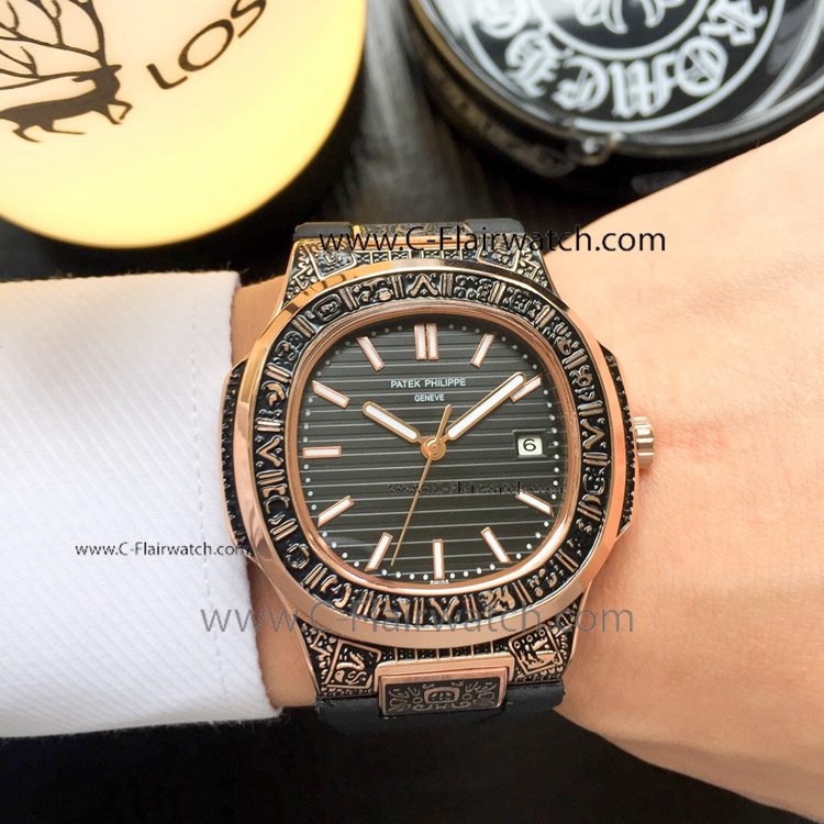 Copy Nautilus Patek Philippe Engraving Watch Rose Gold Rubber St